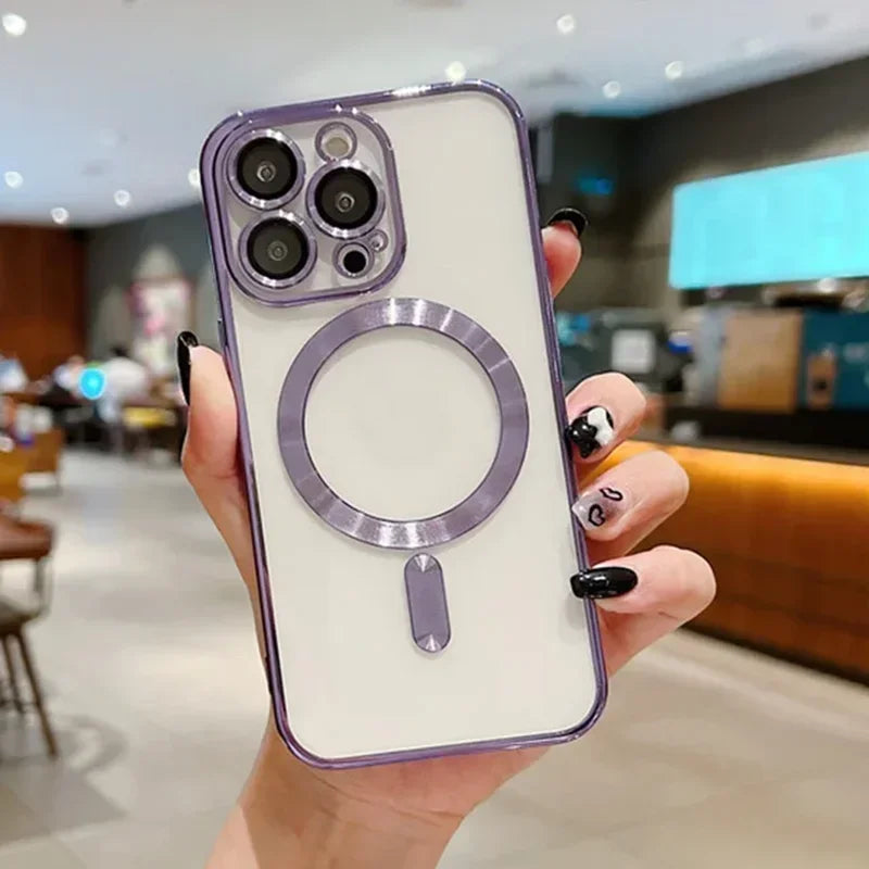 Light purple MagSafe wireless charging phone case with silver magnetic ring and camera cutouts