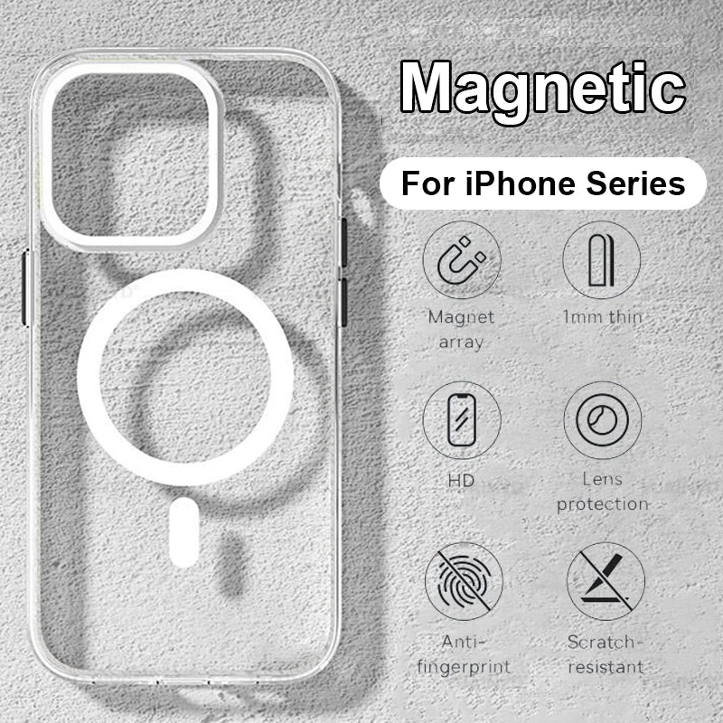 Clear MagSafe iPhone case with MagSafe ring, textured grip, and camera opening
