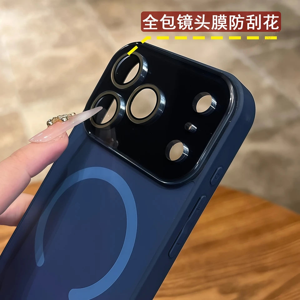Magnetic phone case with large camera window, dark blue, transparent camera protector for lenses.