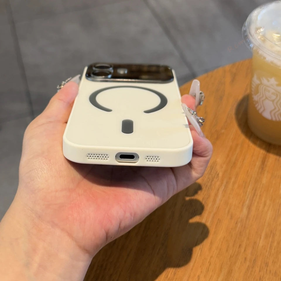 Magnetic phone case in cream with large circular window cutout and camera protectors