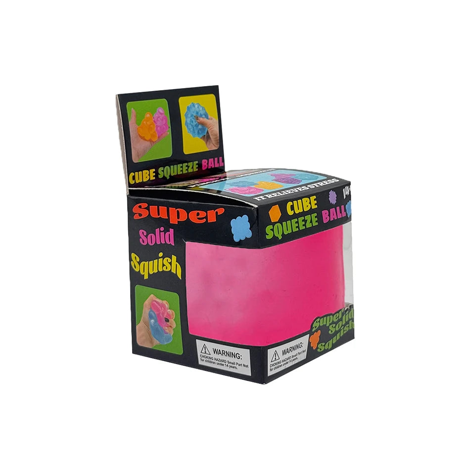 Pink cube squeeze ball toy in retail box with cloud graphic
