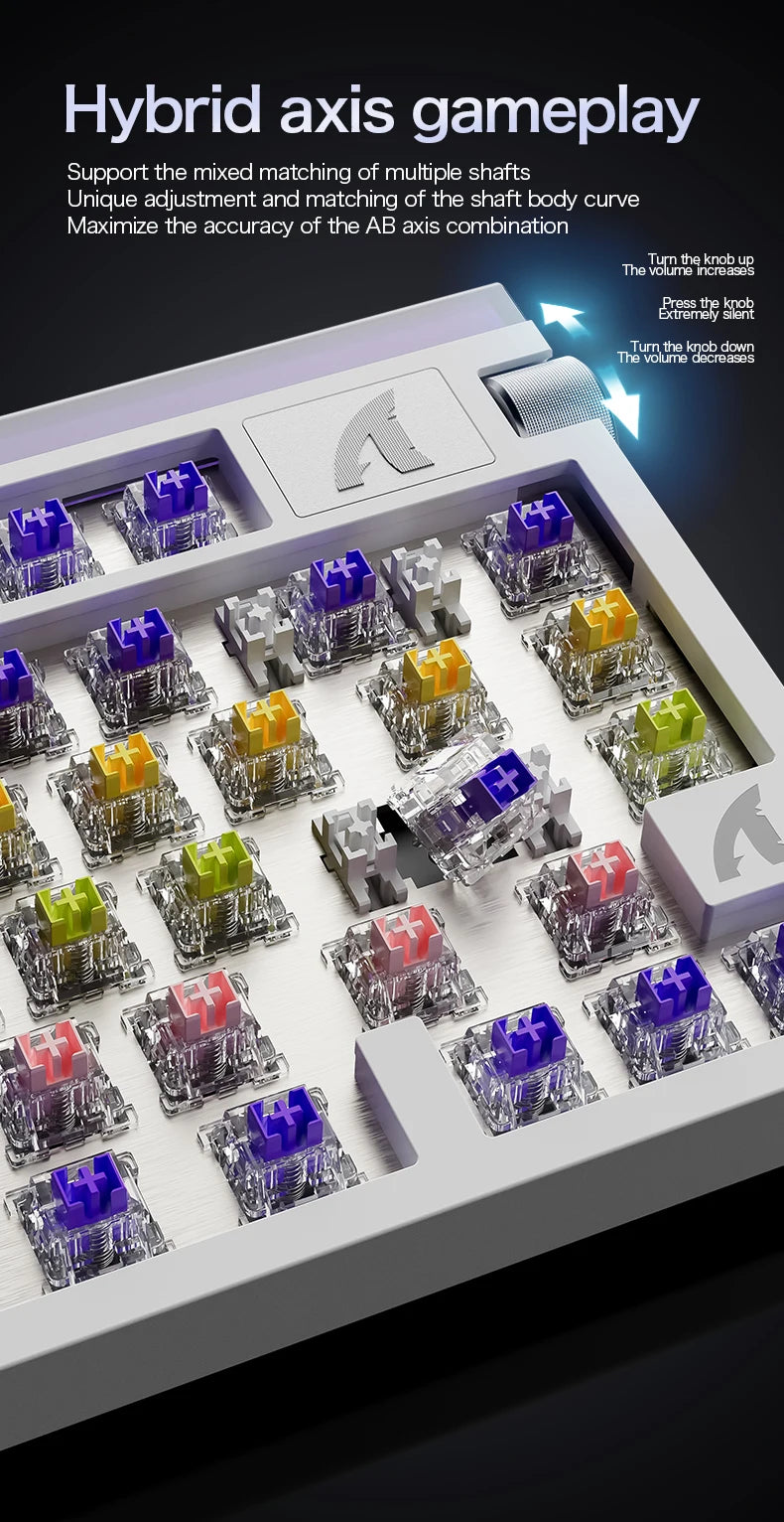 Gaming keyboard with mixed-color key switches and hybrid axis gameplay illustration