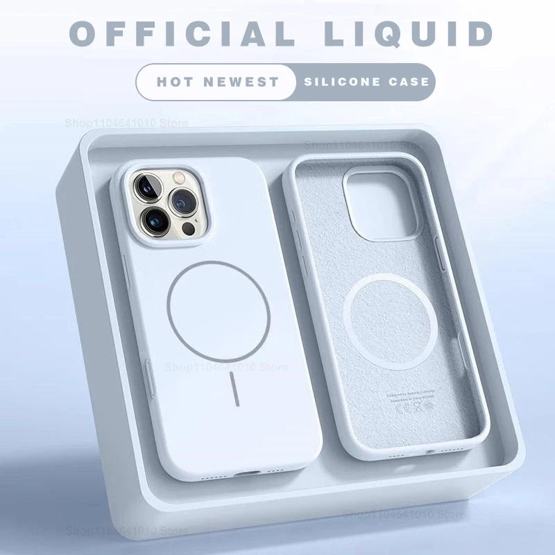White MagSafe silicone phone case with textured back and raised camera protection