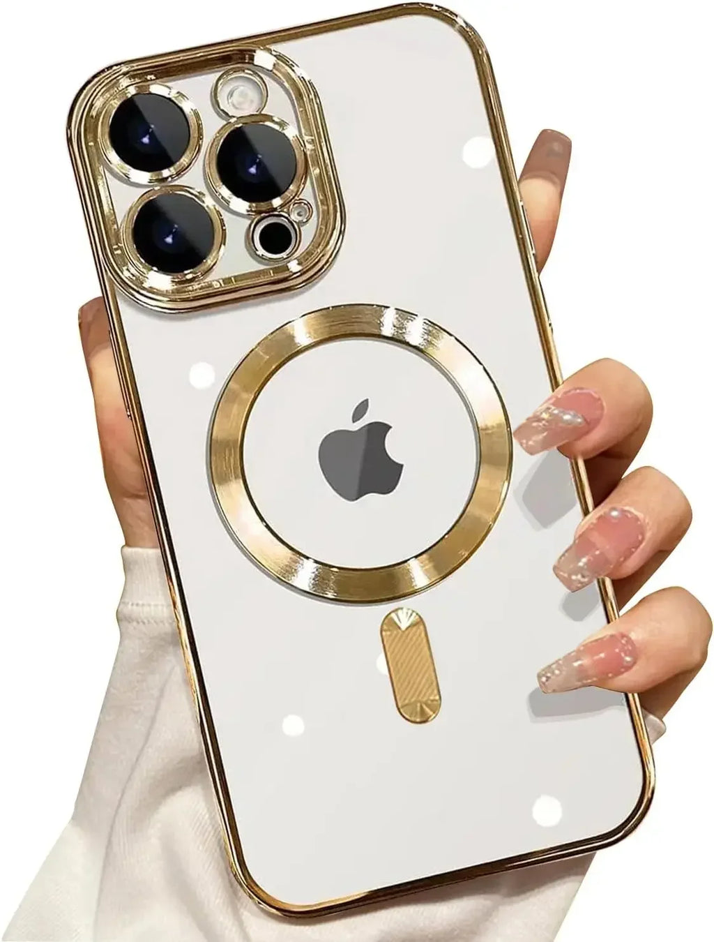 White magnetic wireless charging phone case with gold camera lens protector and ring grip