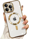 White magnetic wireless charging phone case with gold camera lens protector and ring grip
