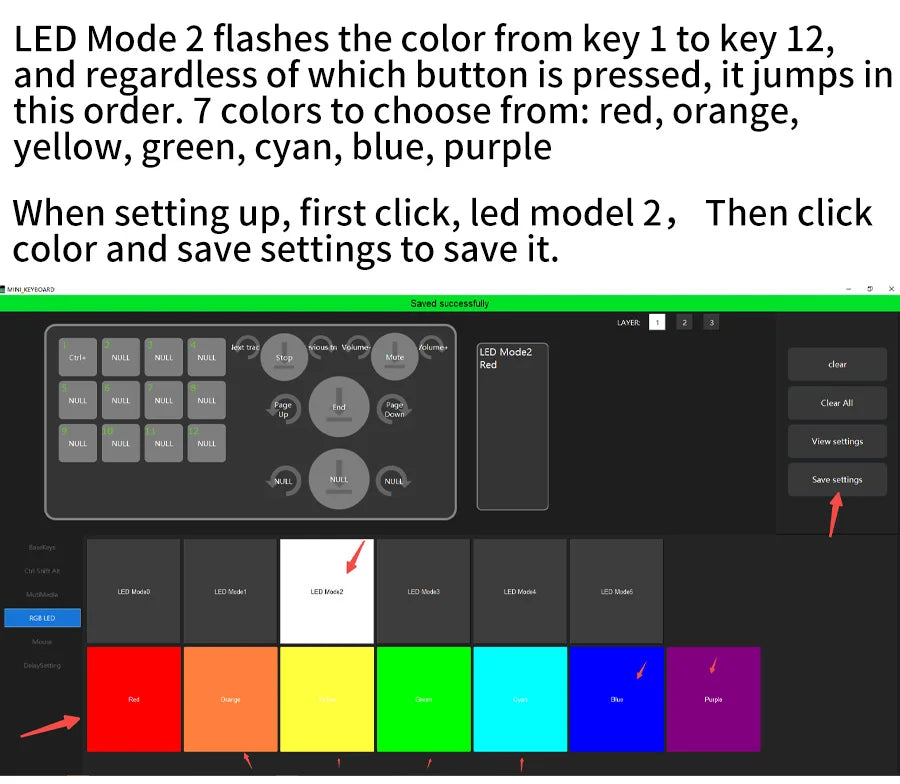 RGB mechanical keypad control screen with color-sweep indicator across keys