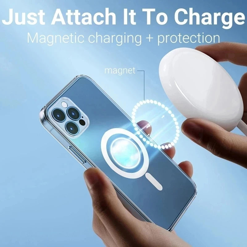 Clear magnetic iPhone case with MagSafe ring, shown charging on the back