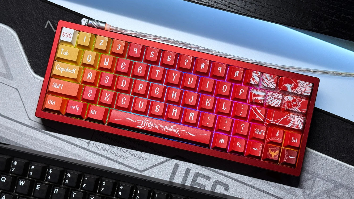 Mechanical keyboard with red keycaps and white lettering