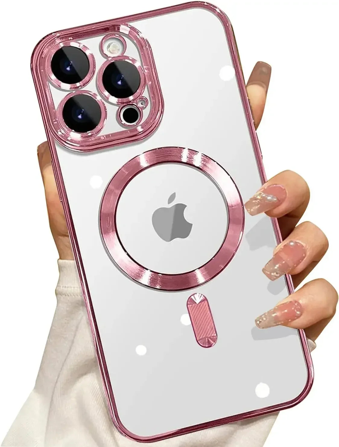 White magnetic wireless charging phone case with pink camera lens protector and ring grip