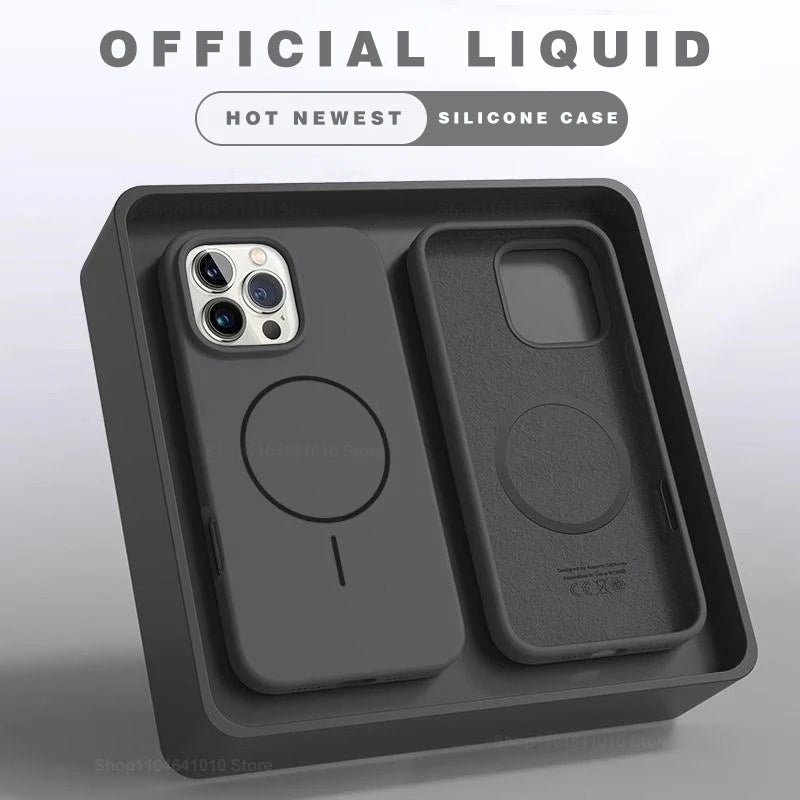 Black MagSafe silicone phone case with camera cutouts and circular MagSafe ring detail