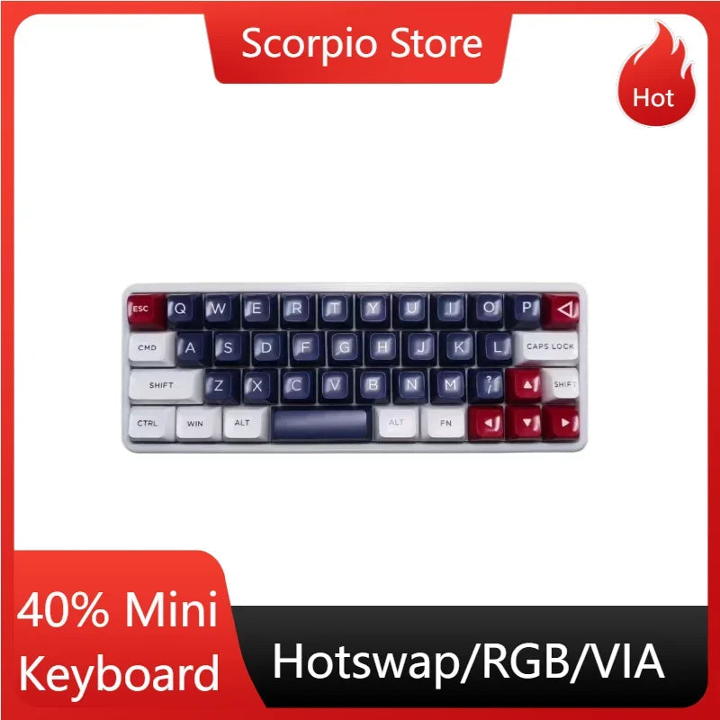 40% mechanical keyboard with white case, blue keys, and red accent keycaps