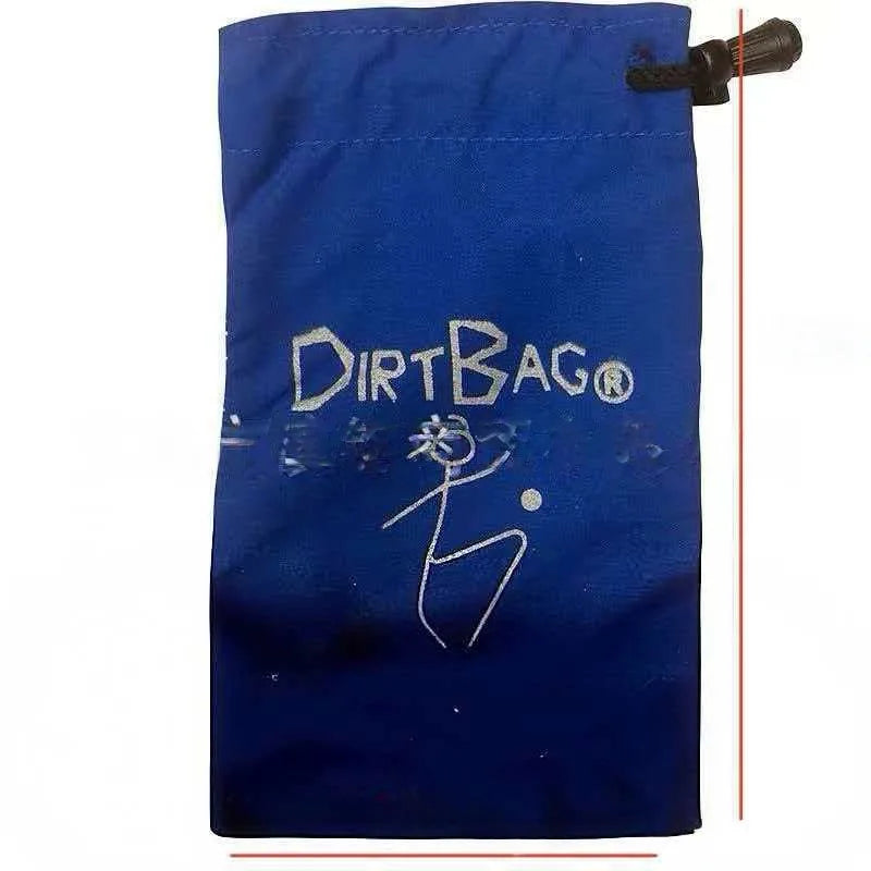 Blue drawstring pouch with DirtBag logo and three dots accessory graphic
