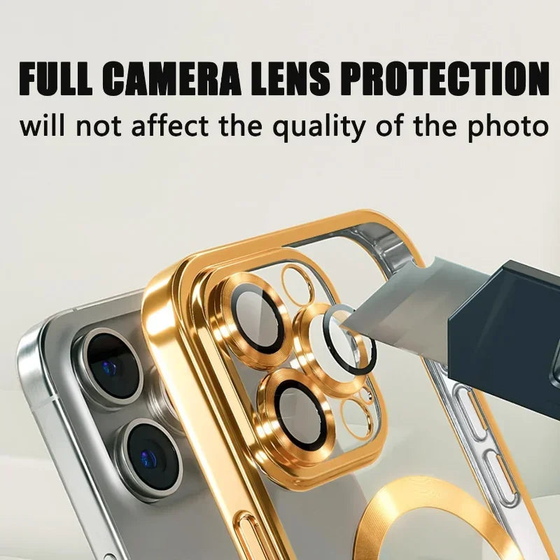 Gold iPhone case with raised camera lens protector rings and clear back window