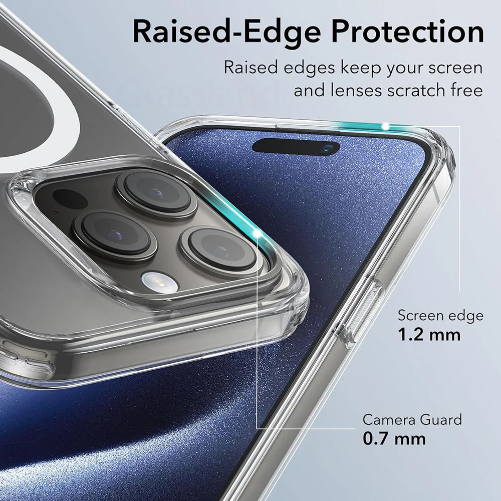 Transparent iPhone MagSafe case with raised screen and camera guard edges