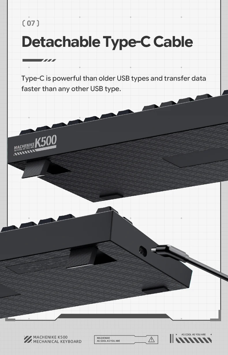 Mechanical keyboard with detachable Type-C cable connected at the keyboard side