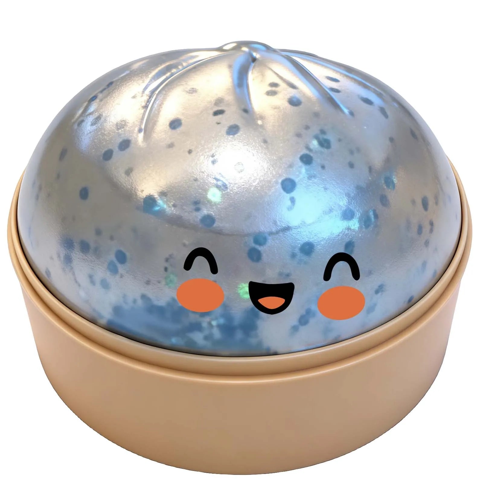 Silver-blue glitter steamed bun squishy toy with cute smiling face, in a beige base