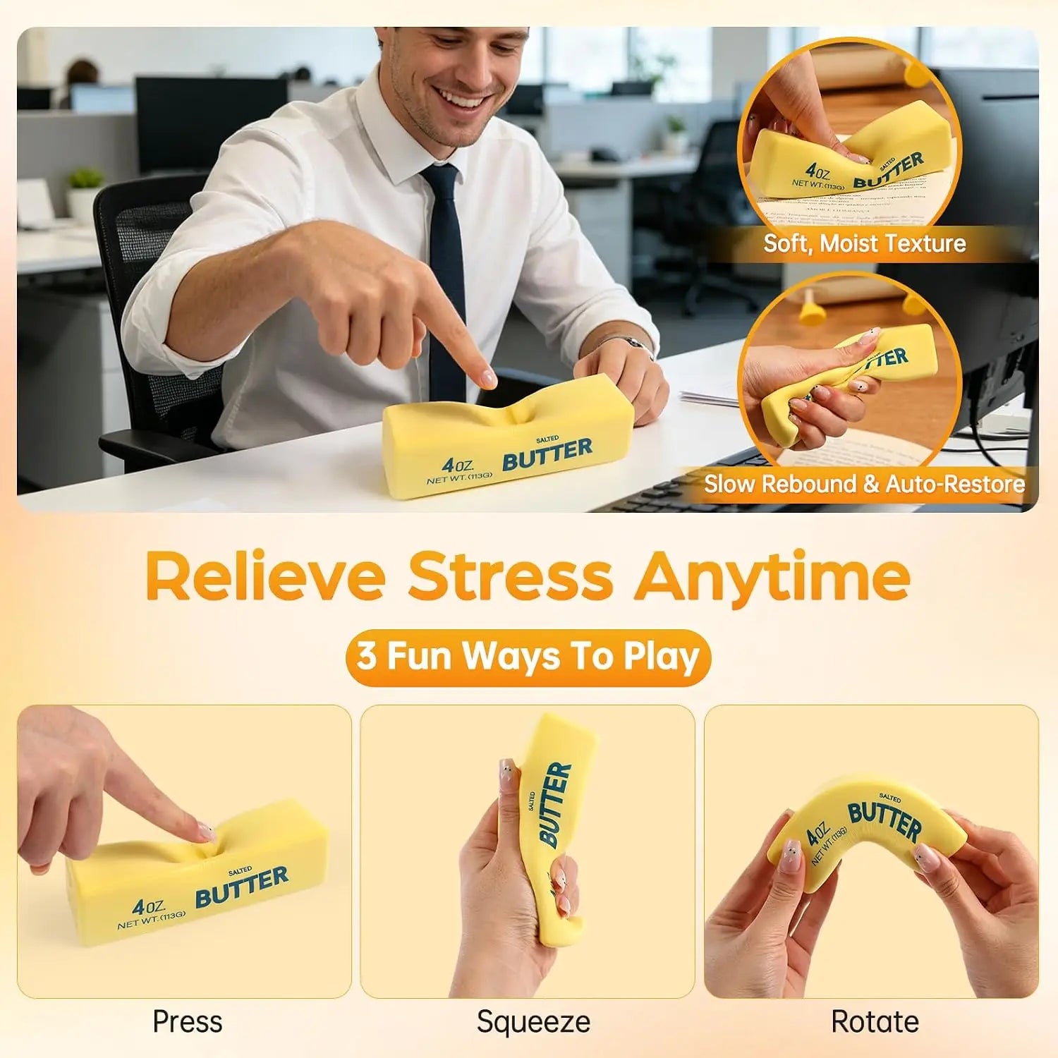 Yellow butter-shaped squishy fidget toy on desk, 4oz labeled with promo bubbles