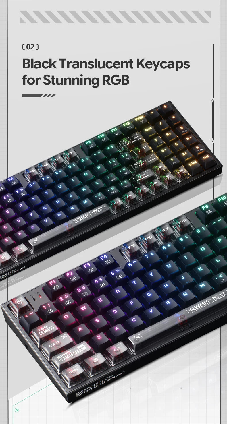 Mechanical keyboard with black translucent keycaps and multicolor RGB backlighting