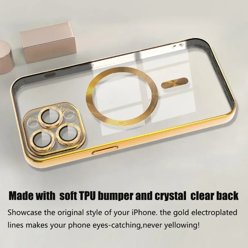 Gold MagSafe wireless charging phone case with clear back and protected camera lens cutouts