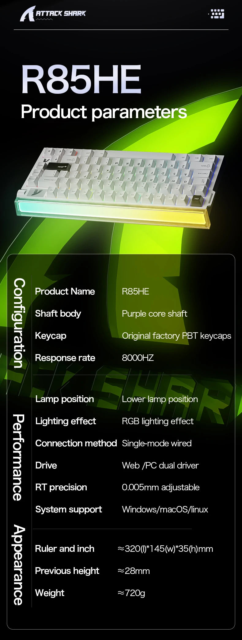 Gaming keyboard with a specs panel and RGB backlit keycaps close-up