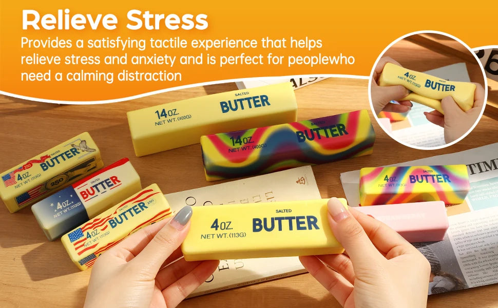 Yellow butter-shaped squishy fidget toy cluster, 4oz labeled on table