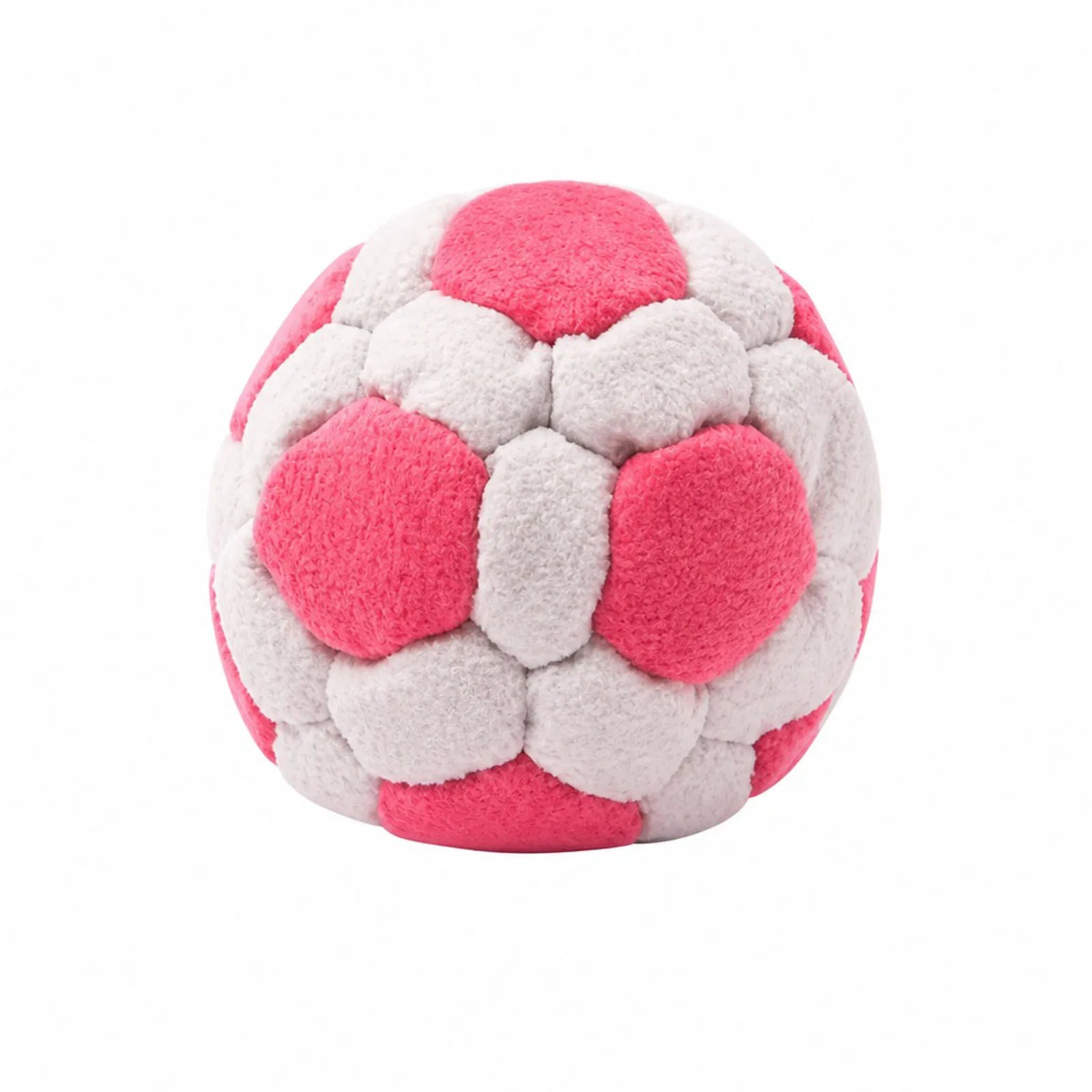 White and pink plush footbag ball with rounded patch panels, soft fuzzy texture.