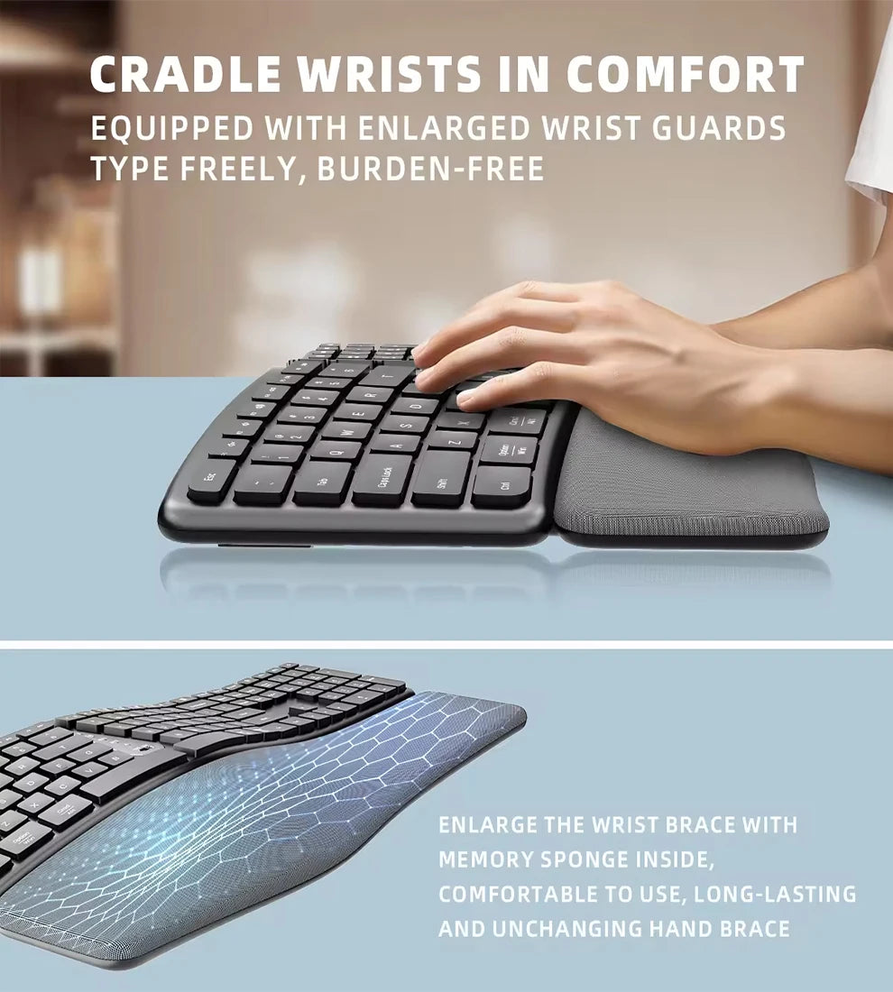 Person typing on black ergonomic keyboard with cushioned wrist and palm rest pads