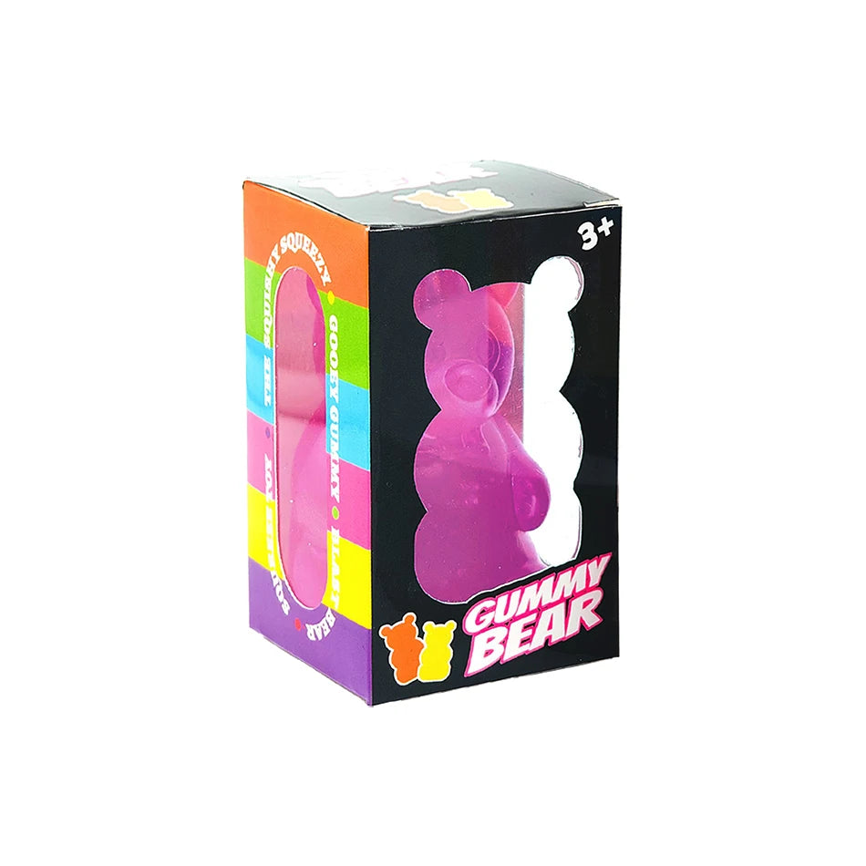 Purple-pink gummy bear squishy toy in display box