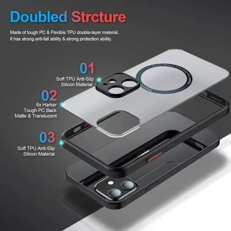 Black MagSafe phone case with dual-layer protective design and camera-ring opening