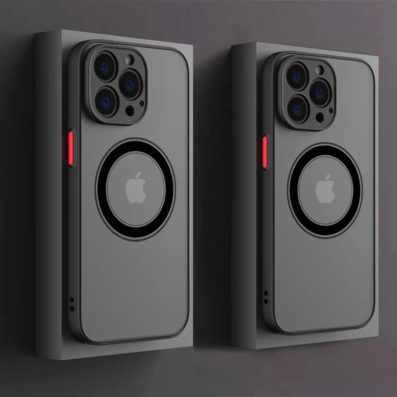 Black iPhone MagSafe wireless charging phone case with circular MagSafe ring and camera cutouts