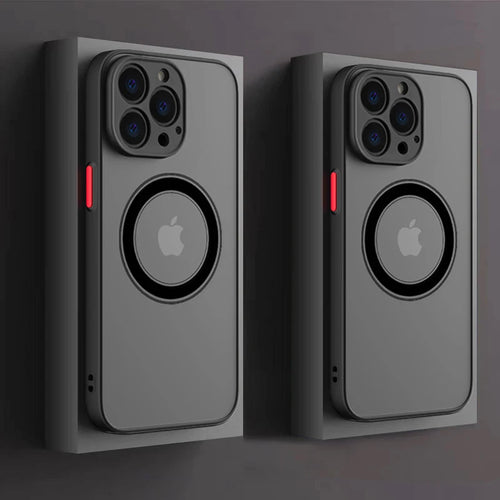 Black iPhone MagSafe case with circular magnetic ring and cutouts for triple camera