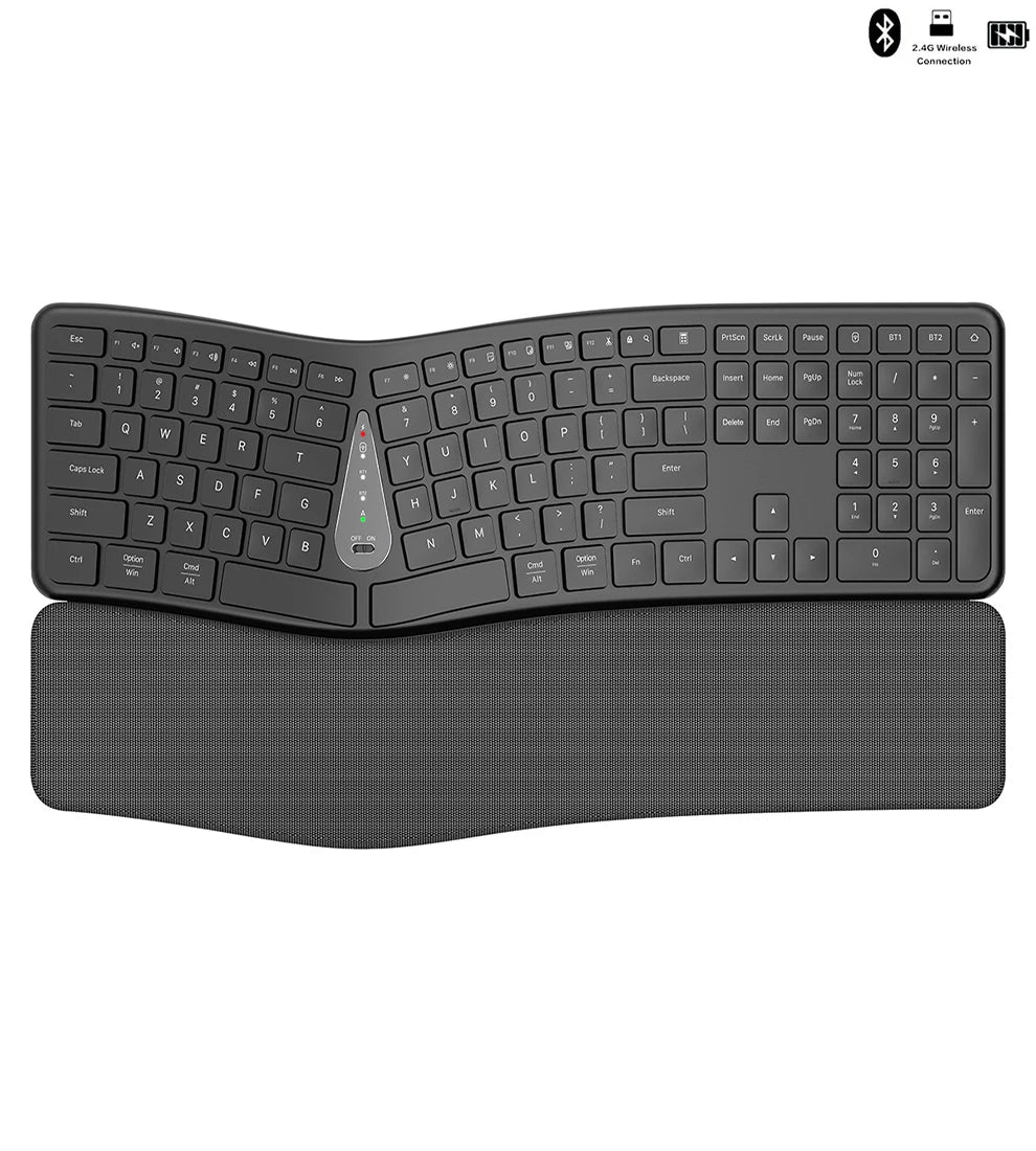 Black ergonomic wireless keyboard with cushioned palm rest and full key layout