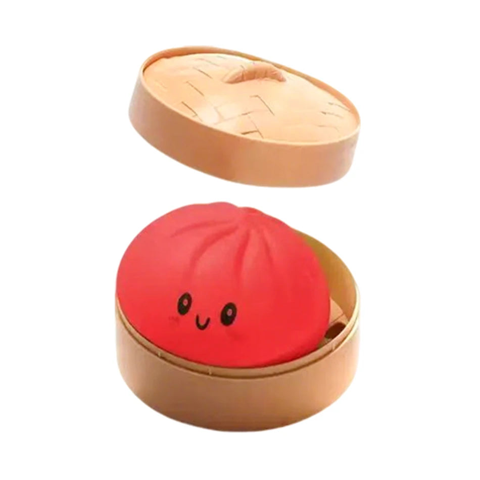 Orange-brown squishy bun stress ball with red face in open steamer top