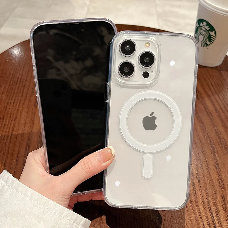 Clear transparent MagSafe magnetic phone case with camera cutouts and circular charging ring
