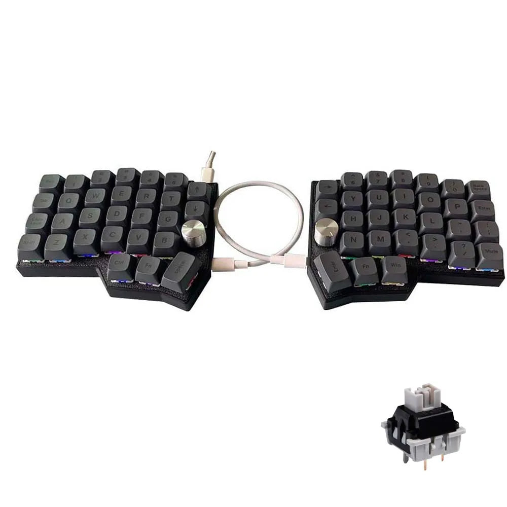 Split ergonomic keyboard set with two black keypads, knob caps, and RGB glow