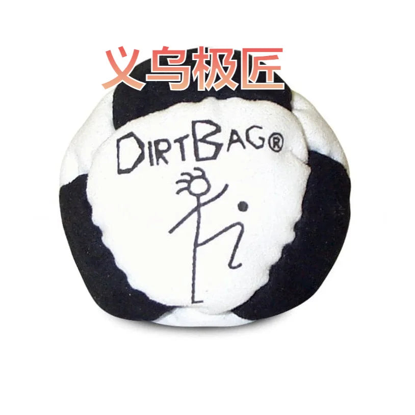 Sand-filled hacky sack ball with white center and black border, logo design
