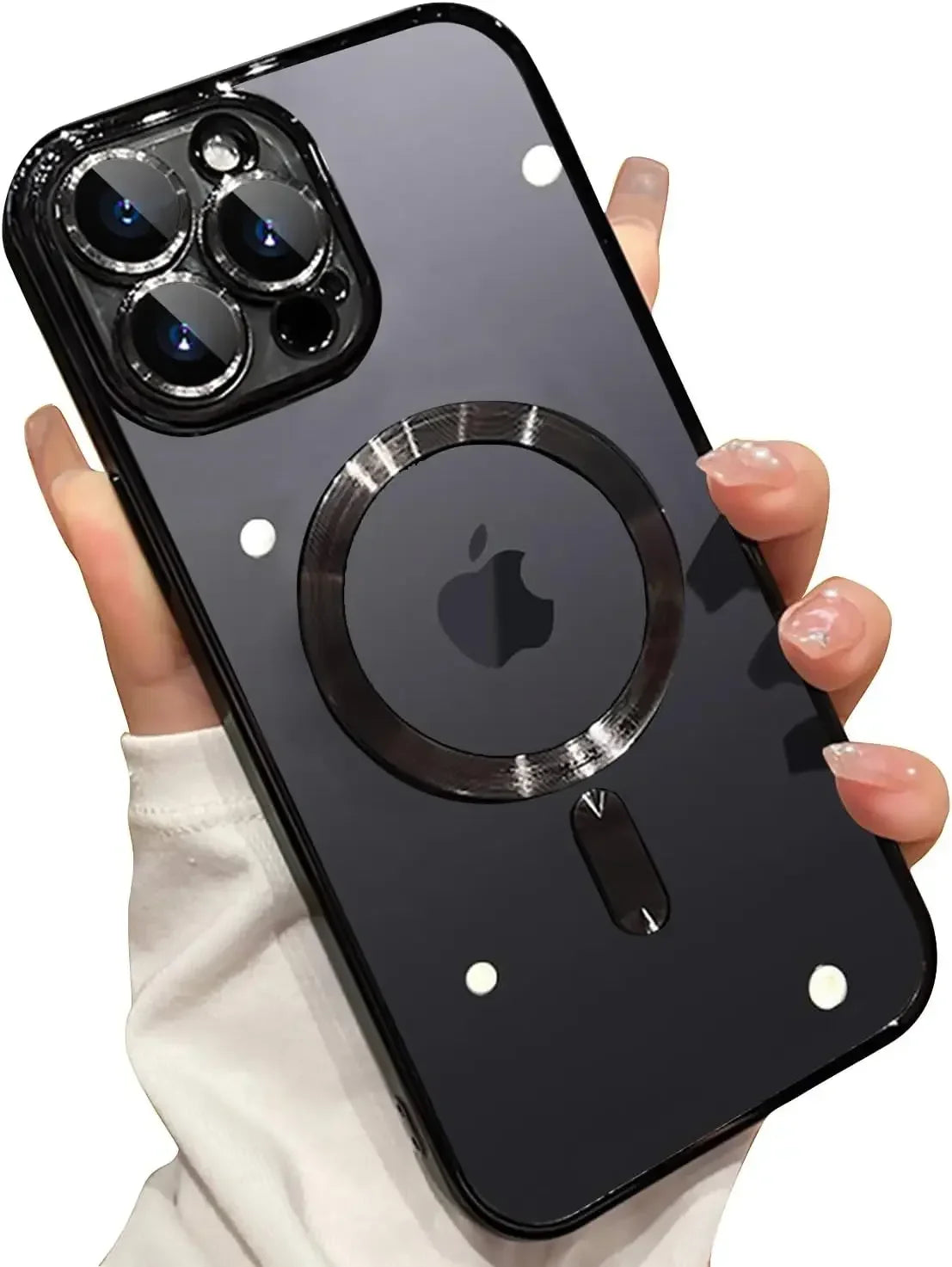 Black magnetic wireless charging phone case with camera lens protector and metal ring