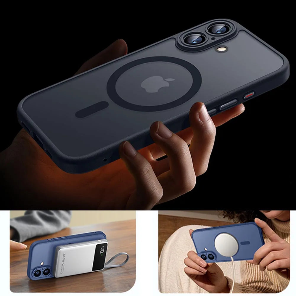Hand holding a matte translucent magnetic iPhone case in dark gray with circular ring logo