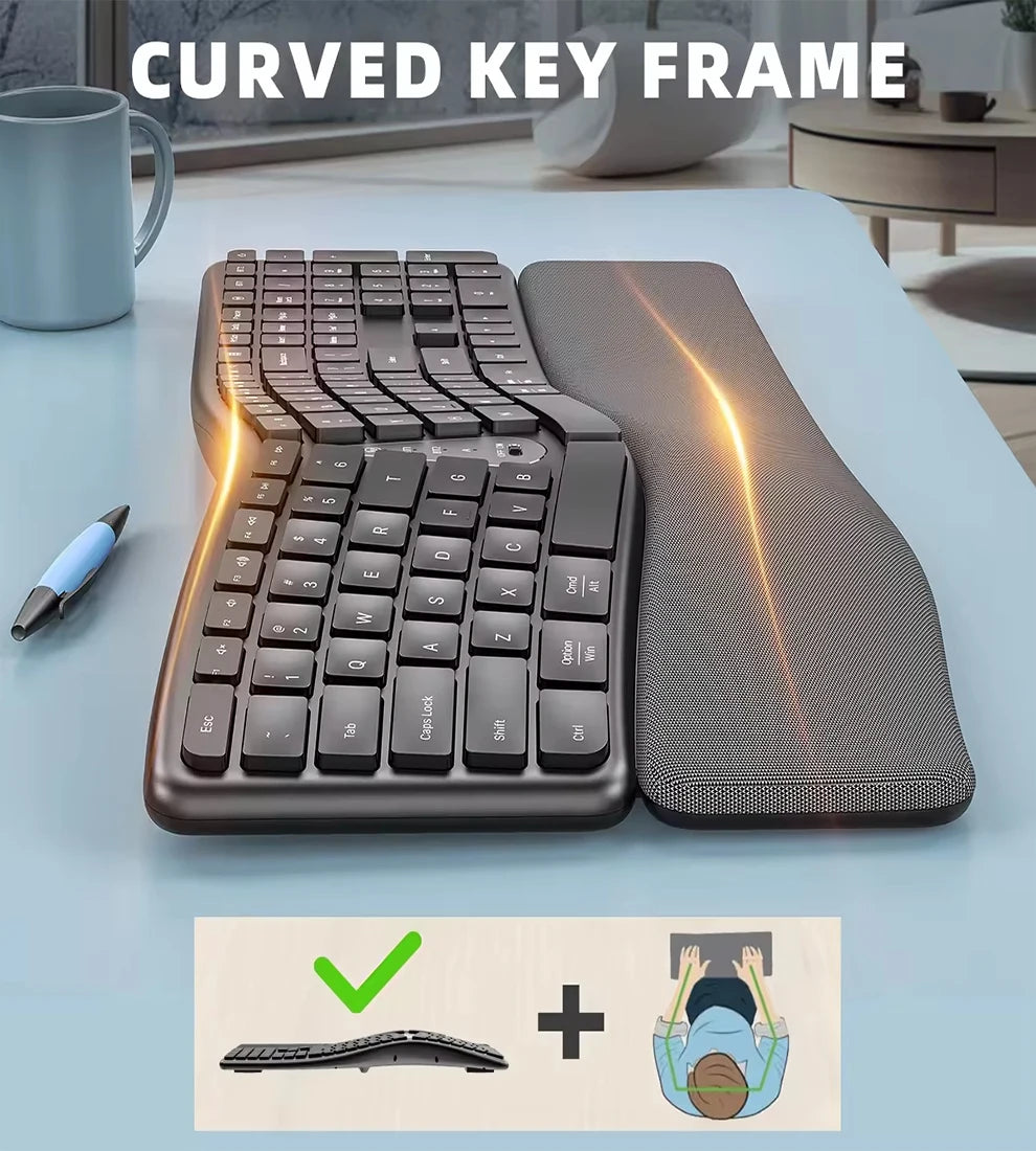 Black ergonomic wireless keyboard with curved keys and large textured palm rest