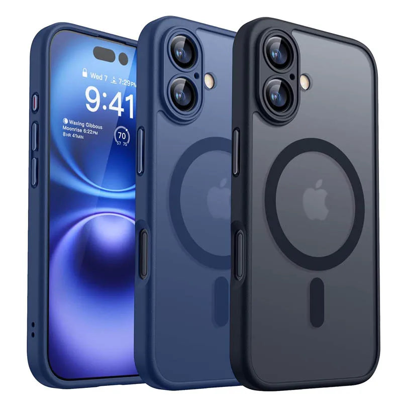 Magnetic translucent shockproof iPhone case set with ring logo, blue