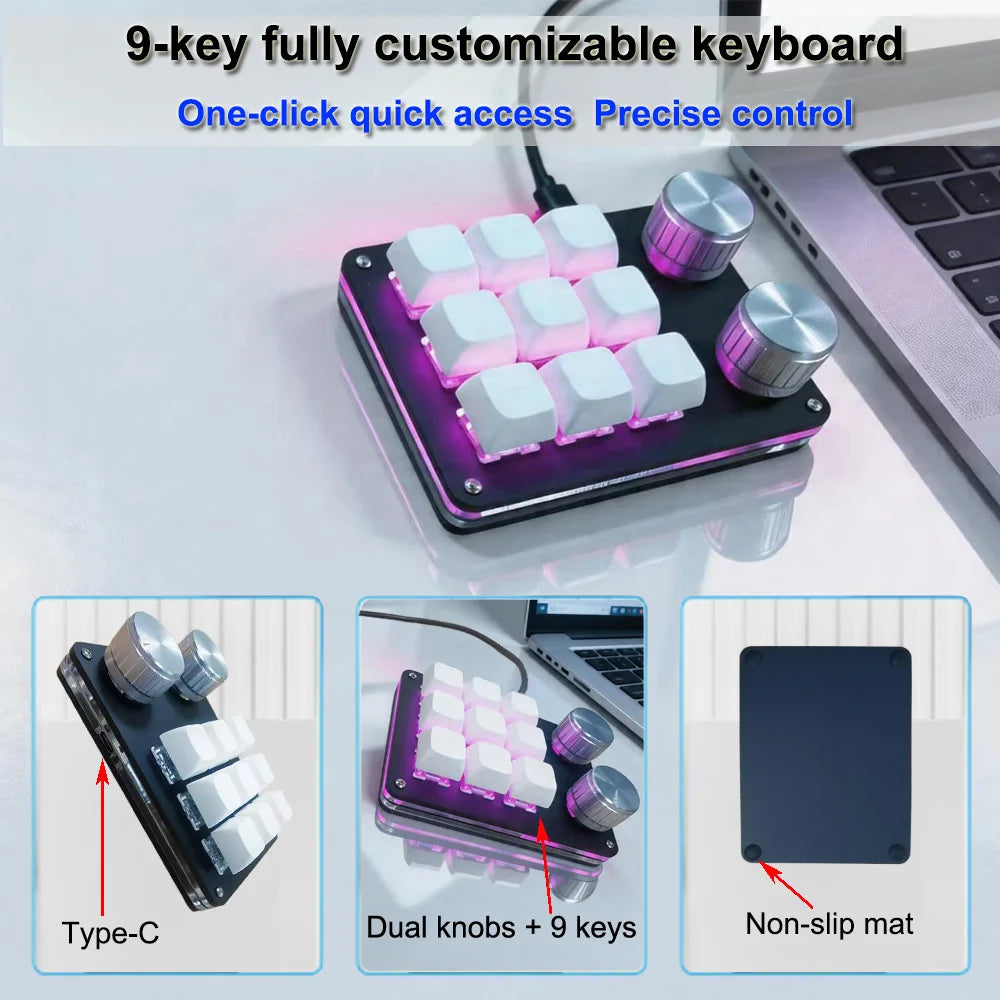 9-key macro keyboard with dual knobs, white keycaps, and purple-pink RGB lighting