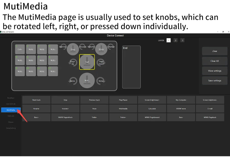 Keyboard multimedia settings page with a highlighted knob control