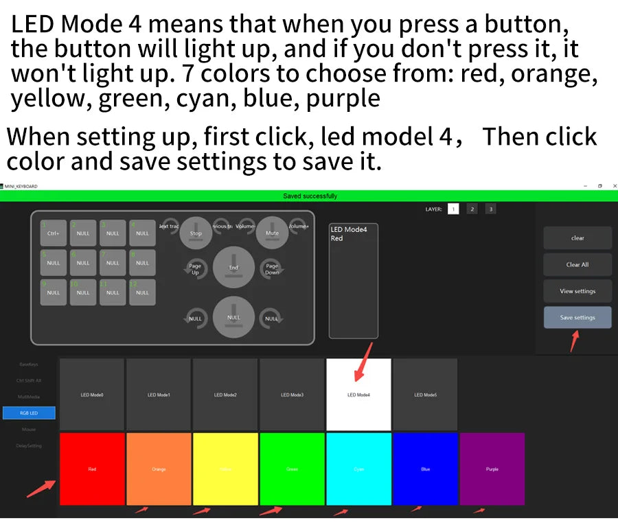 Mechanical keyboard LED Mode 4 preview with per-key button lighting colors