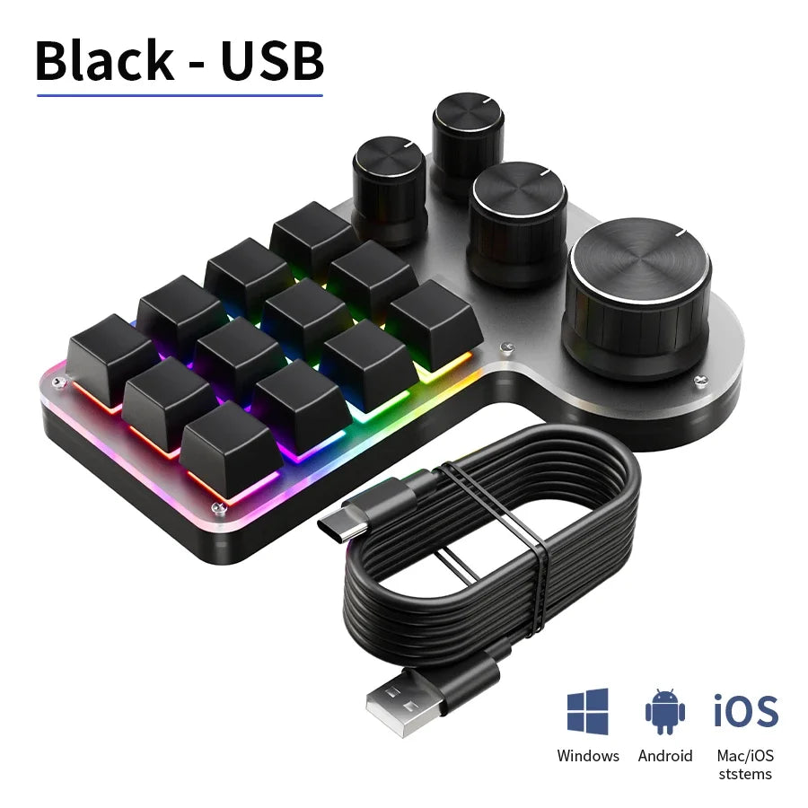 Black mechanical keypad keyboard with RGB keys, three large knobs, USB cable