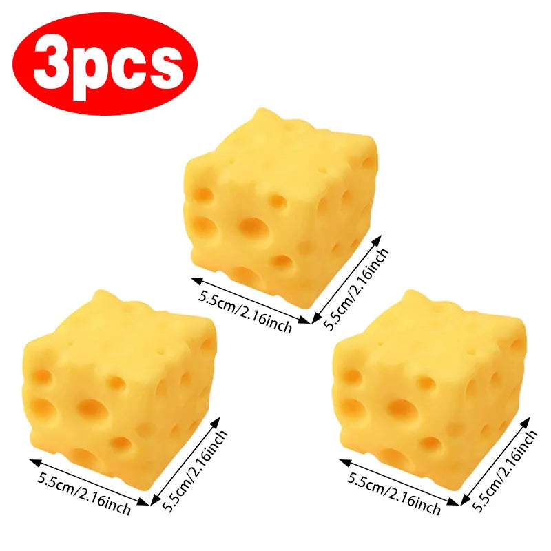 3 pack yellow cheese-shaped squishy toys with circular hole texture