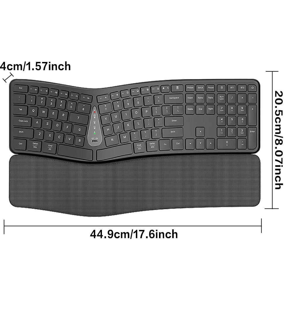 Ergonomic black wireless keyboard with cushioned palm rest, 44.9 x 20.3 cm