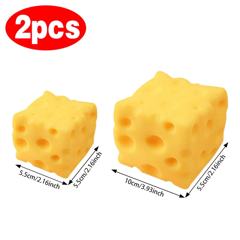 2 pack yellow cheese-shaped squishy toys with hole pattern, size shown