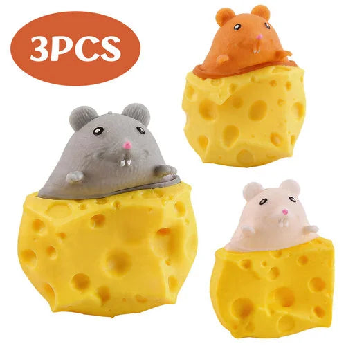 Set of three animal-themed cheese squishy toys: mouse, hamster, and rat shapes