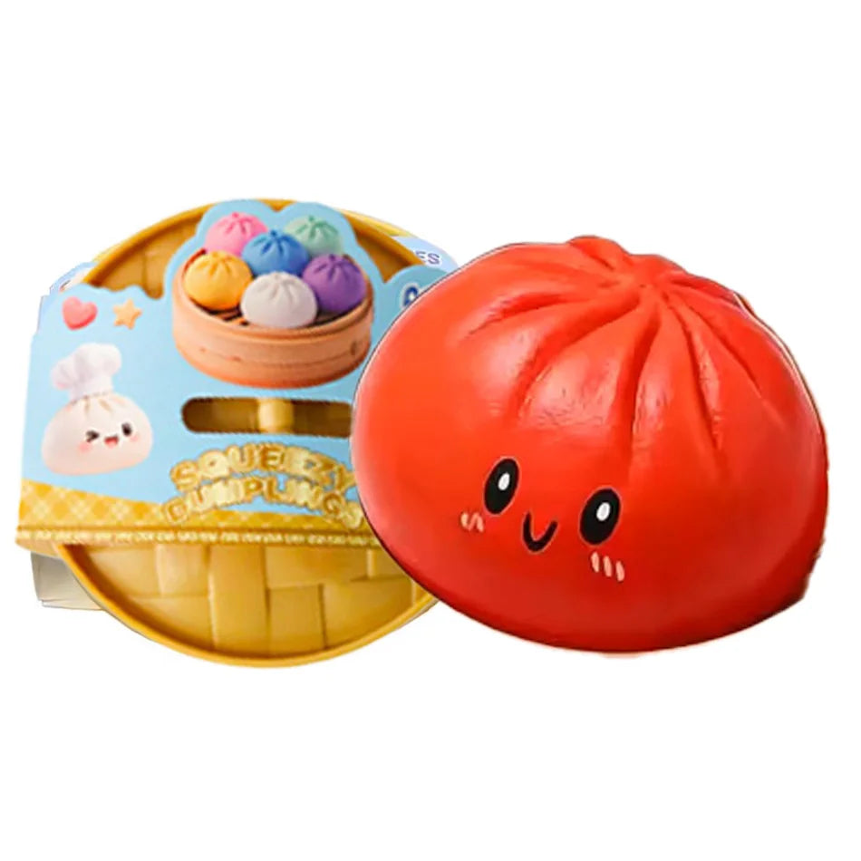 Red squishy dumpling character with smiling face next to packaged set