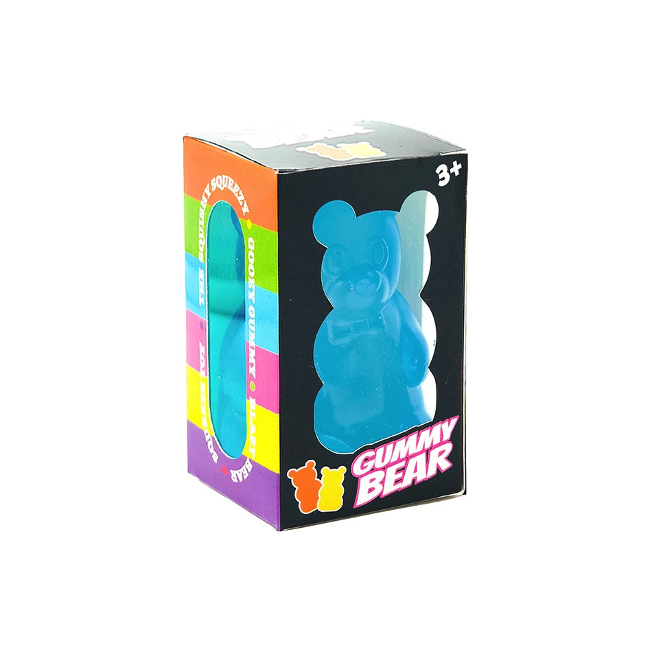 Blue gummy bear squeeze toy in retail box, 3+ rating